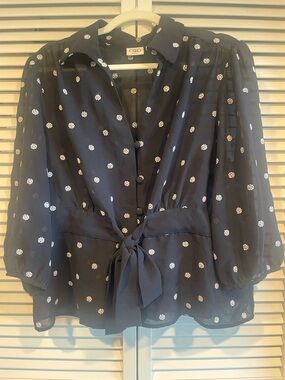 Black and white floral polka-dot Tie-Waist Blouse - black chiffon